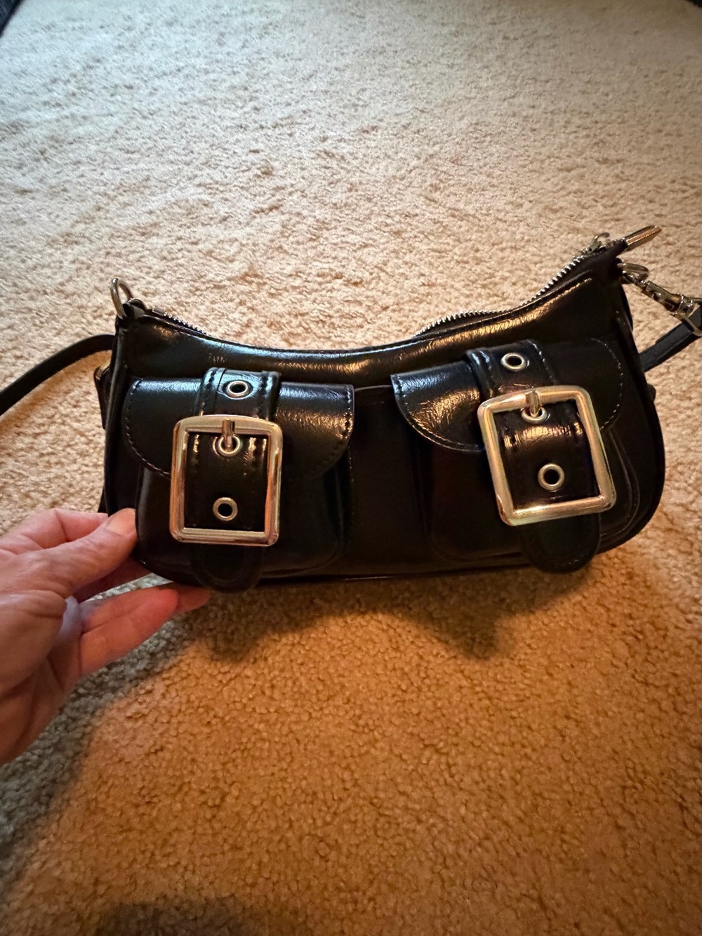 Black Leather Shoulder Bag with Buckle Pockets - Picture 2 of 3